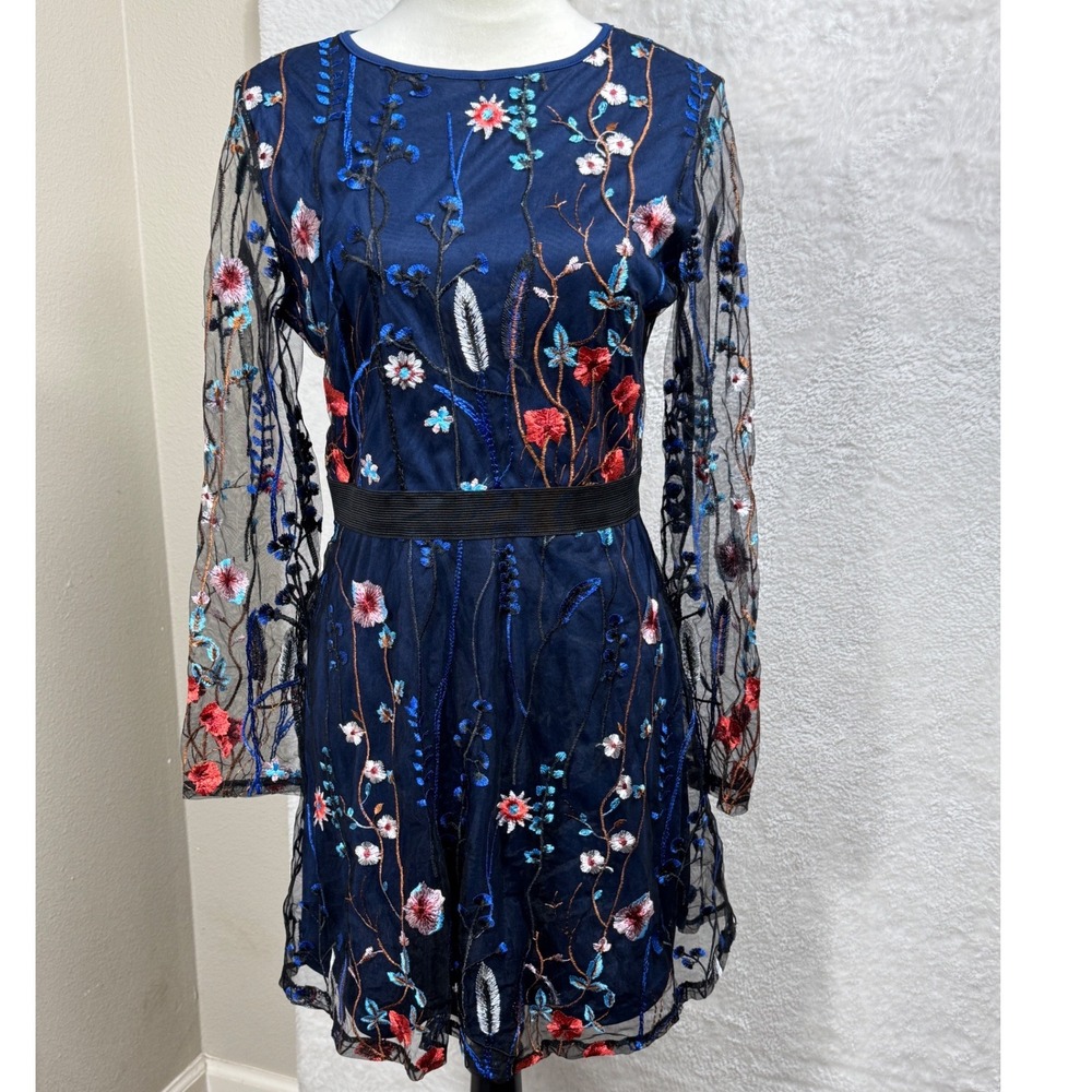 CBR L Navy Sheer Mesh Embroidered Floral Dress‎ Long Sleeve Illusion Boho